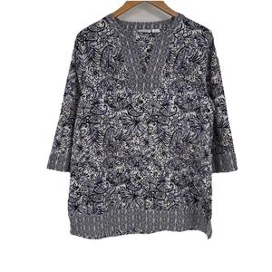 Sigrid Olsen Womens Linen Tunic Top Large Blue Mixed Print Floral Coastal Beachy